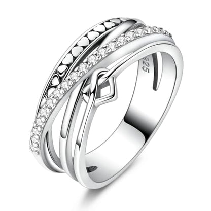 MULA S925 Sterling Silver Ring Multi-layered Interlaced Heart-shaped Band | Eternity Ring for Women with CZ Cubic Zirconia Wide Finger Rings Costume Jewelry