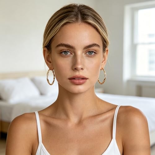 Women's Gold and Silver Twisted Hoop Earrings, 14K Gold Plated Textured Earrings, Hypoallergenic Lightweight Fashion Jewelry, Suitable for Daily Wear, Party, Wedding or as a Gift for Women - color: Gold