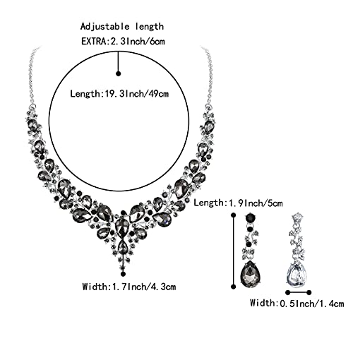 Women's Wedding Statement Necklace Dangle Earring Jewelry | Austrian Crystal Teardrop Cluster,Necklaces Earrings Set for Bride Bridesmaid,Prom Accessories - color: 08-Grey Black Silver-Tone
