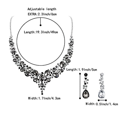 Women's Wedding Statement Necklace Dangle Earring Jewelry | Austrian Crystal Teardrop Cluster,Necklaces Earrings Set for Bride Bridesmaid,Prom Accessories - color: 08-Grey Black Silver-Tone