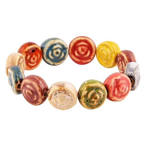 Boho Hippie Colorful Ceramic Beads Strand Stretch Bracelet, Bohemian Summer Beach Jewelry Gift for Women - color: S05