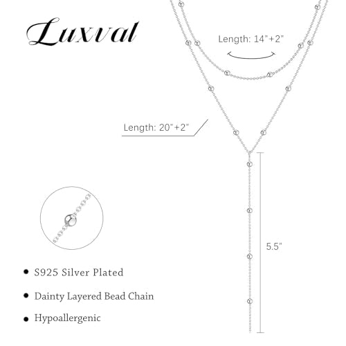 Luxval Lariat Silver Necklace for Women, Dainty Long Necklace Silver Y-Shaped Pendant Necklaces Trendy Beaded Chain Drop Necklaces Jewelry for Women Gifts - color: Silver-Bead Layered