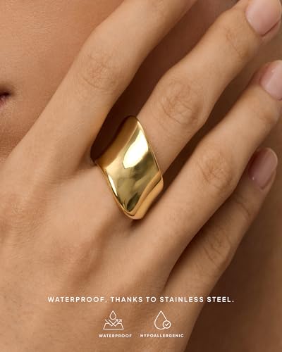 PAVOI 14K Gold Plated Chunky Statement Ring for Women | Stainless Steel Hypoallergenic Wide Stackable Rings - color: White Gold