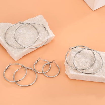 4 Pairs Silver Gold Hoop Earrings for Women | 14K Gold Plated Hoop Earrings Set Hypoallergenic Earring Lightweight Dangle Earrings Set - color: 1 Pair Silver-40mm