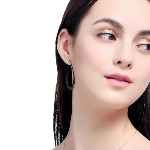 Lightweight Teardrop Hoop Earrings for Women - 14k Gold/White Gold Plated Large Oval Pull Through Hoop Earrings High Polished Statement Jewelry Gift for Women - color: D - Black