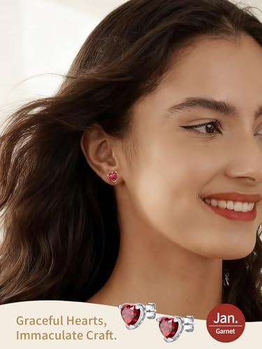 FindChic 2 Carat Birthstone Stud Earrings for Women, Round/Heart/Princess Cut Stud Earrings, Hypoallergenic Studs with 925 Sterling Silver Posts, 12 Months Birthday Jewelry Gift - color: 01. January-Garnet(Heart Cut)