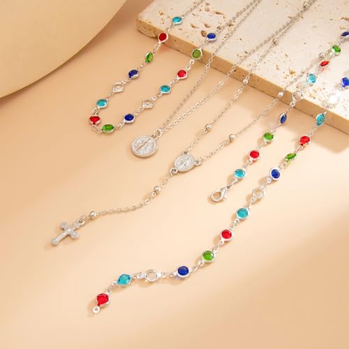 Layered Cross Necklace Set for Women, Layered Choker Necklaces Trendy Jewelry, Colorful Enamel Beaded Y-Shaped Lariat Necklace, Boho Multilayer Cross Necklace for Party and Daily Wear - color: Silver-05