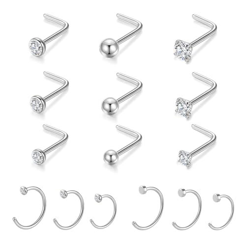 Gotumo 20G Nose Rings Titanium Nose Studs Cubic Zirconia Straight Nose Piercing Jewelry Hypoallergenic Nose Rings Studs for Women Men 6pcs set Silver - color: Silver, size: 20G L Shaped 15pcs