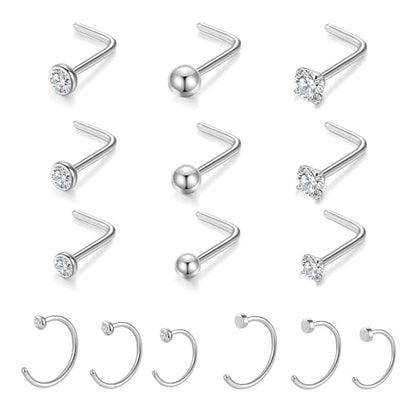 Gotumo 20G Nose Rings Titanium Nose Studs Cubic Zirconia Straight Nose Piercing Jewelry Hypoallergenic Nose Rings Studs for Women Men 6pcs set Silver - color: Silver, size: 20G L Shaped 15pcs