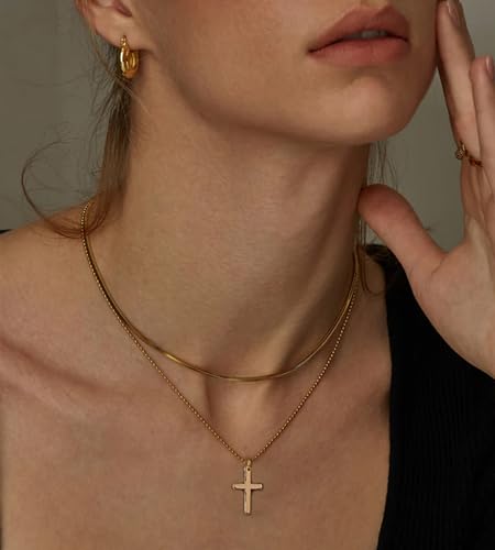 YEEZII Layered Gold Necklaces for Women Trendy, 3 Pcs 14K Gold Plated Choker Paperclip Box Chain Necklace, Stackable Women's Gold Pendant Necklaces Jewelry Set - color: Gold-3 pcs-Cross