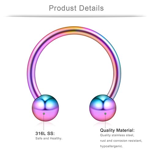 16-24PCS 16G Surgical Steel Horseshoe & Captive Bead Nose Hoop Septum Earring Eyebrow Tongue Lip Nipple Helix Tragus Piercing Jewelry Rings 6-16mm - color: 24PCS - Rainbow