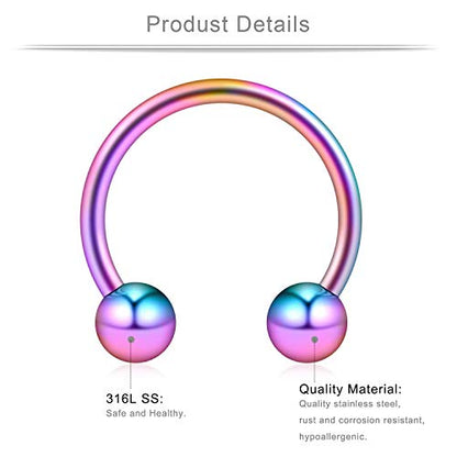 16-24PCS 16G Surgical Steel Horseshoe & Captive Bead Nose Hoop Septum Earring Eyebrow Tongue Lip Nipple Helix Tragus Piercing Jewelry Rings 6-16mm - color: 24PCS - Rainbow