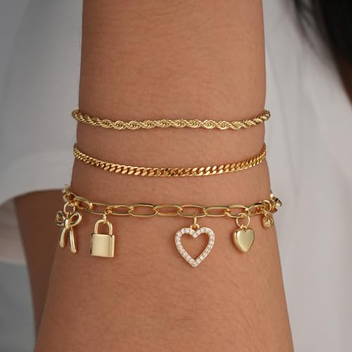 3PCS Charm Gold Bracelets for Women Non Tarnish,14k Plated Gold Bracelet Stack Cute Dainty Stackable Trendy Bow Cross Clover Bracelets Set Tarnish Free Gold Jewelry for Women Gifts - color: Lock-Gold