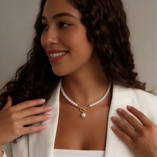 Cryshimmer Pearl Choker Necklace for Women Faux Pearl Beads Strand Necklace Earring Set Costume Jewelry,Gift for Wife Mother - color: 4-leaf Toggle