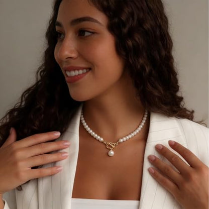 Cryshimmer Pearl Choker Necklace for Women Faux Pearl Beads Strand Necklace Earring Set Costume Jewelry,Gift for Wife Mother - color: 4-leaf Toggle
