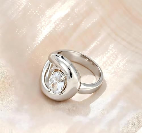 14K Gold Plated Ring for Women, Oval Cubic Zirconia Wrap Bands Ring, Chunky Dome Statement Ring Size 5 to 10 - color: Silver