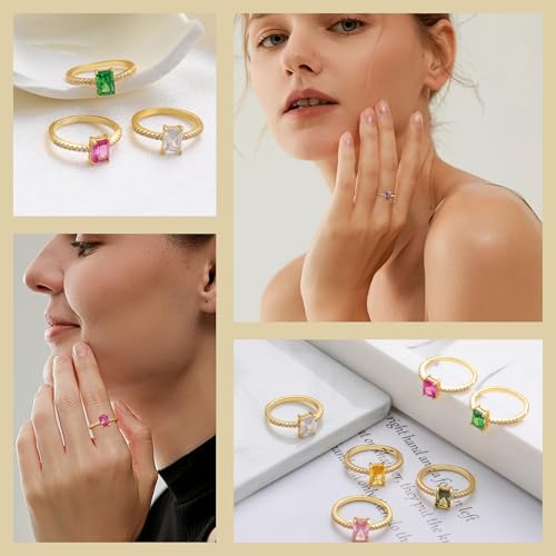 Honsny Gold Birthstone Rings for Women Non Tarnish 14K Gold Plated Emerald Engagement Promise Rings CZ Stackable Dainty Gemstone Pinky Eternity Band Ring Jewelry Birthday Gifts - color: Light Blue March, size: 8