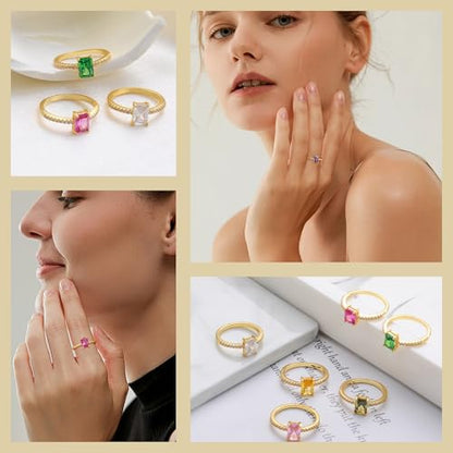 Honsny Gold Birthstone Rings for Women Non Tarnish 14K Gold Plated Emerald Engagement Promise Rings CZ Stackable Dainty Gemstone Pinky Eternity Band Ring Jewelry Birthday Gifts - color: Light Blue March, size: 8