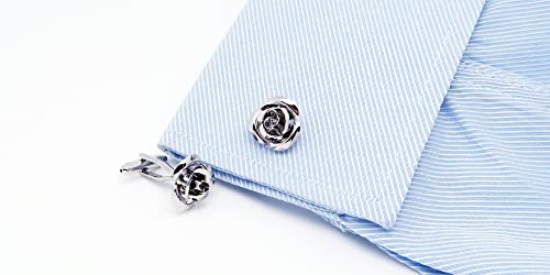 Unique Rose Flower Cufflinks and Tie Clip Set for Men Regular Necktie | Silver/Golden/Black Men's Tie Pin and Cuff Links for Wedding Party Daily Office Formal Casual Business Tuxedo Dress Accessory - style: Silver Cufflinks Tie Pin Set