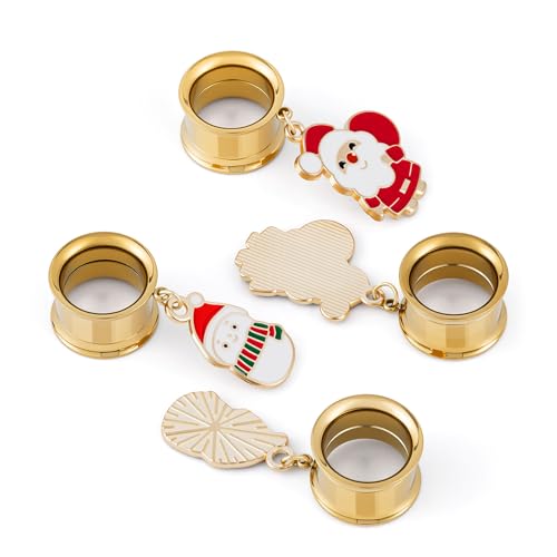 ERKUOO 4PCS Christmas Ear Tunnels Set Stainless Steel Double Flare Gold Tone Plug Gauges with Santa Snowman Reindeer Candy Cane Dangle Charms Holiday Stretching Jewelry Gift for Women Men 6mm-25mm - color: Snowman & Santa Set, size: 18mm