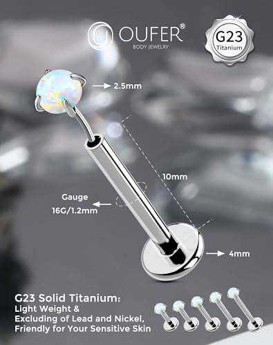 OUFER 2PCS 16G/20G Nose Lip Studs, G23 Solid Titanium Threadless Push in Nose Nostril Lip Labret Medusa Monroe Helix Cartilage Tragus Conch Lobe Piercing Jewelry for Women Men - color: Silver bar, Claw Opal, size: 2pcs, 16g 10mm, 2.5mm Opal