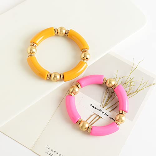LALAPPLE Gold Plated Beaded Acrylic Bamboo Tube Bangle Bracelets for Women, Colorful Chunky Curved Tube With Gold Plated Pieces Beads Stretch Bracelet Friendship Summer Beach Jewelry - color: P-Orange&Watermelon red 2pcs