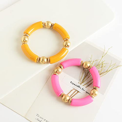 LALAPPLE Gold Plated Beaded Acrylic Bamboo Tube Bangle Bracelets for Women, Colorful Chunky Curved Tube With Gold Plated Pieces Beads Stretch Bracelet Friendship Summer Beach Jewelry - color: P-Orange&Watermelon red 2pcs