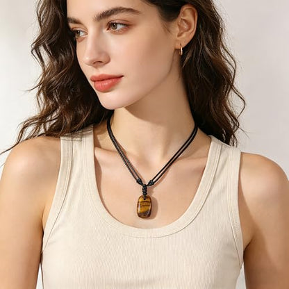 Natural Gemstone Pendant Necklace Healing Crystal Choker Necklace Adjustable Waxed Black Rope for Women Men - color: Tiger's Eye
