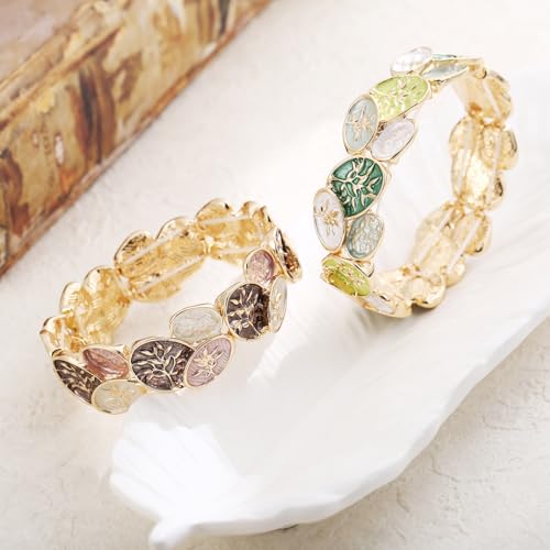 LUREME Oval Enamel Leaf Bracelet, Earth Tone & Jade Green Stretch Cuff, 3D Gold Branch Design, Elastic Bangle for Women, Nature-Inspired Jewelry(bl003693) - color: Green & Blue Nature Tones
