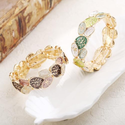 LUREME Oval Enamel Leaf Bracelet, Earth Tone & Jade Green Stretch Cuff, 3D Gold Branch Design, Elastic Bangle for Women, Nature-Inspired Jewelry(bl003693) - color: Brown & Blush Earth Tones