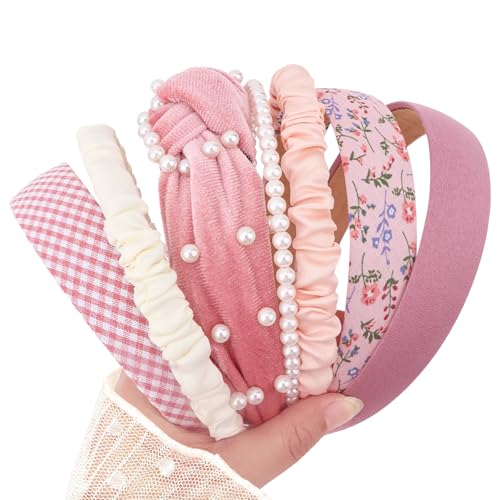 7 Pack Pink Headband for Women Girls Cute Headbands for Women Non Slip Pearl Beads Knotted Pink Head Bands Cute Accessories - color: Pink