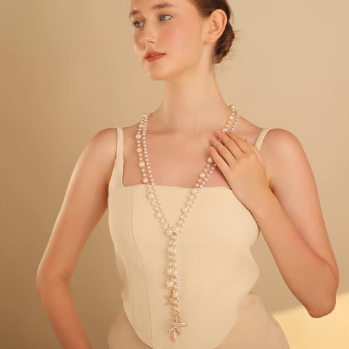 Simulated Pearl Strand Layered Necklace for Women, Multi Strand Long Necklace, Dainty Sweater Necklace for Party Costume Jewelry - style: Starfish