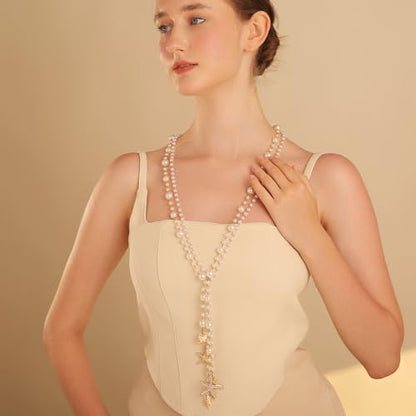 Simulated Pearl Strand Layered Necklace for Women, Multi Strand Long Necklace, Dainty Sweater Necklace for Party Costume Jewelry - style: Starfish