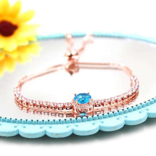 Sparkling CZ Tennis Bracelets for Women, Birthstone Slider Bolo Bracelets Trendy Birthday Valentine's Day Jewelry for Women Lady - color: Light Blue