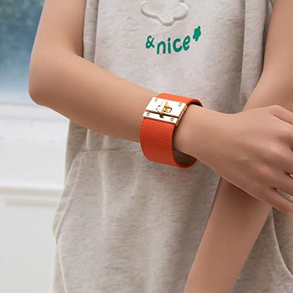 Rantanto Leather Wrap Bracelets For Women Gold Twist Lock Buckle Wrist Cuff | PU leather,Skin-friendly,Boho Stackable Wristband,Fashion Daily Jewelry,Trend Casual Party Bangle,Fit For Birthday, Holiday - color: Wide Orange