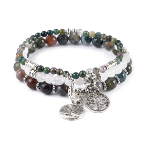 YGLINE Tree of Life Yoga Healing Stone Bracelets,Multilayer Lotus Chakra Stone Reiki Bracelet Sets,Anxiety Crystal Natural Stone,for Women Stress Relief - color: agate＆white marble-3w