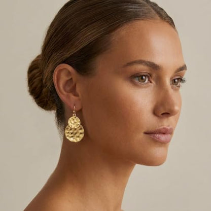 Antique Gold Hammered Disc Drop Earrings Boho Earrings with Two Tone Jewelry Gift - color: AMZ-EH21299A-L