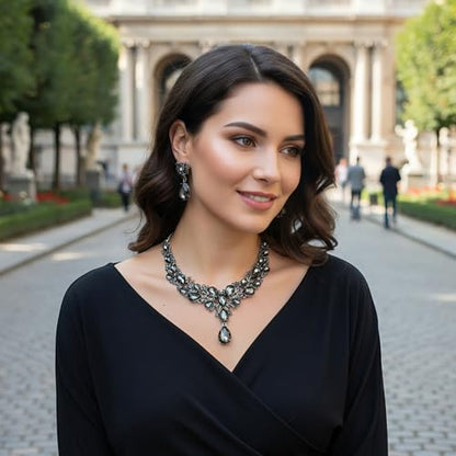 Hicarer Bridal Teardrop Cluster Crystal Jewelry Set for Women Necklace Earrings Wedding - color: Gray Black