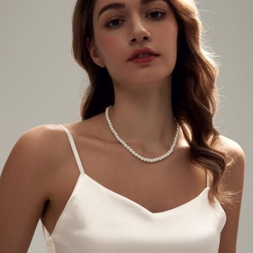 Zeffy Pearl Necklace 4MM/6MM/8MM Dainty Round Imitation Pearl Choker Necklace Wedding Pearl Necklace Delicate Jewelry for Women Simple Bridesmaid Jewelry Gifts - style: 6mm Gold Pearl Necklace(14"+2")