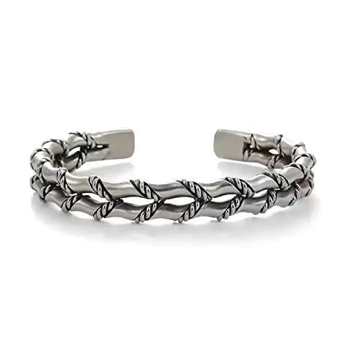 Innocence S925 Silver-Plated Antique Wide Feather Cuff Bracelet For Men Women Adjustable Retro Twisted Feathers Bracelets Gift Jewelry - color: Double Row