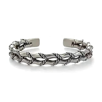 Innocence S925 Silver-Plated Antique Wide Feather Cuff Bracelet For Men Women Adjustable Retro Twisted Feathers Bracelets Gift Jewelry - color: Double Row
