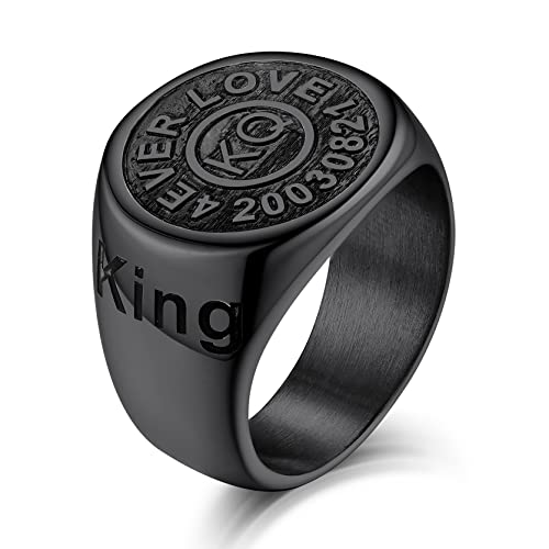KeyStyle Stainless Steel Signet Rings Personalized for Men, Womens Custom Engraved Round Pinky Ring, Cool Ring Biker Rings Peronalised Gifts for Father Husband Mother (Size 7-13) - color: Black & Black Surface
