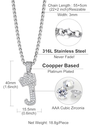 Richsteel Silver Crown Initial A-Z Letter Pendant Necklace for Men Women | Cubic Zirconia Monogram, 316L Steel Chain, 22" + 2" Extender,Hypoallergenic,Gift Box, Hip Hop Jewelry - style: J