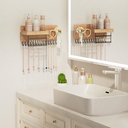 Lolalet Wall Mounted Hanging Jewelry Organizer, 15 Hooks Wooden Necklaces Holder with Storage Shelf, Easy Install Earrings Bracelets Hanger -Light Brown - color: Light Brown