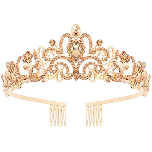 COCIDE Gold Tiara Crowns Crystal Headband Princess Rhinestone Crown with Combs Bride Headbands Bridal Wedding Prom Birthday Party Hair Accessories Jewelry for Women and Girls (M CHAMPAGNE) - color: TK Gold+Champagne