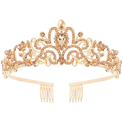 COCIDE Gold Tiara Crowns Crystal Headband Princess Rhinestone Crown with Combs Bride Headbands Bridal Wedding Prom Birthday Party Hair Accessories Jewelry for Women and Girls (M CHAMPAGNE) - color: TK Gold+Champagne