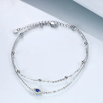 POPLYKE 925 Sterling Silver Double Layered Chain Evil Eye Daisy Sunflower Butterfly Anklets for Women Holiday Beach Crystal Ankle Bracelet Dainty Evil Eye Jewelry - style: Silver Evil Eye Anklet