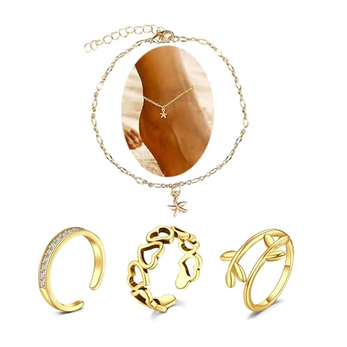 MODRSA Toe Rings for Women Toe Rings and Anklets for Women Toe Ring Adjustable Toe Rings Silver Rose Gold - color: E2-toe rings +anklets -gold