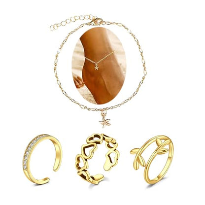 MODRSA Toe Rings for Women Toe Rings and Anklets for Women Toe Ring Adjustable Toe Rings Silver Rose Gold - color: E2-toe rings +anklets -gold