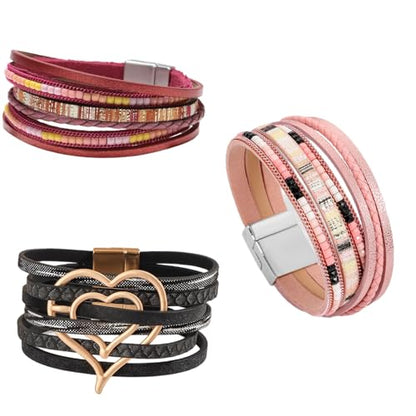 DRXRD 3pcs Leather Wrap Bracelets For Women,Boho Multi-Layer Handmade Bracelets Fashion Stack Bracelets Jewelry Elegant Leather Bracelet - color: A